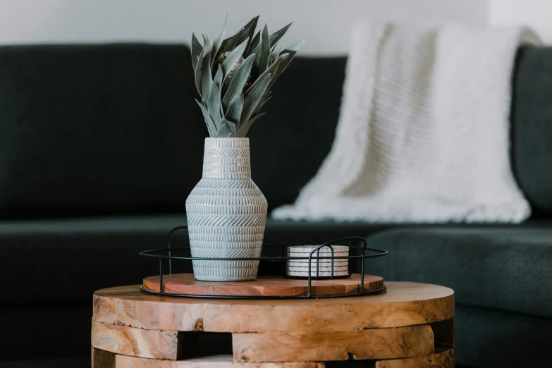 the pineapple is in a vase on the end table