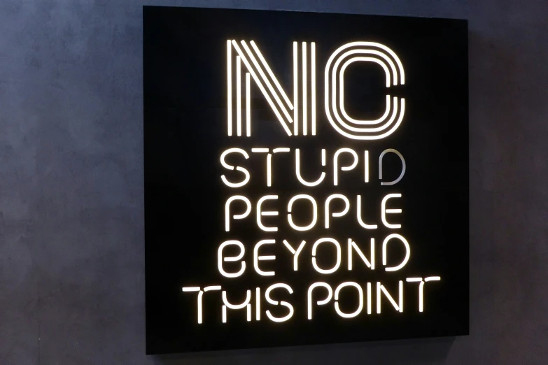 a white light up sign that reads no stupid people beyond this point