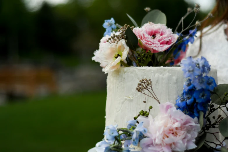 a decorated white, blue and pink cake on top of a green field