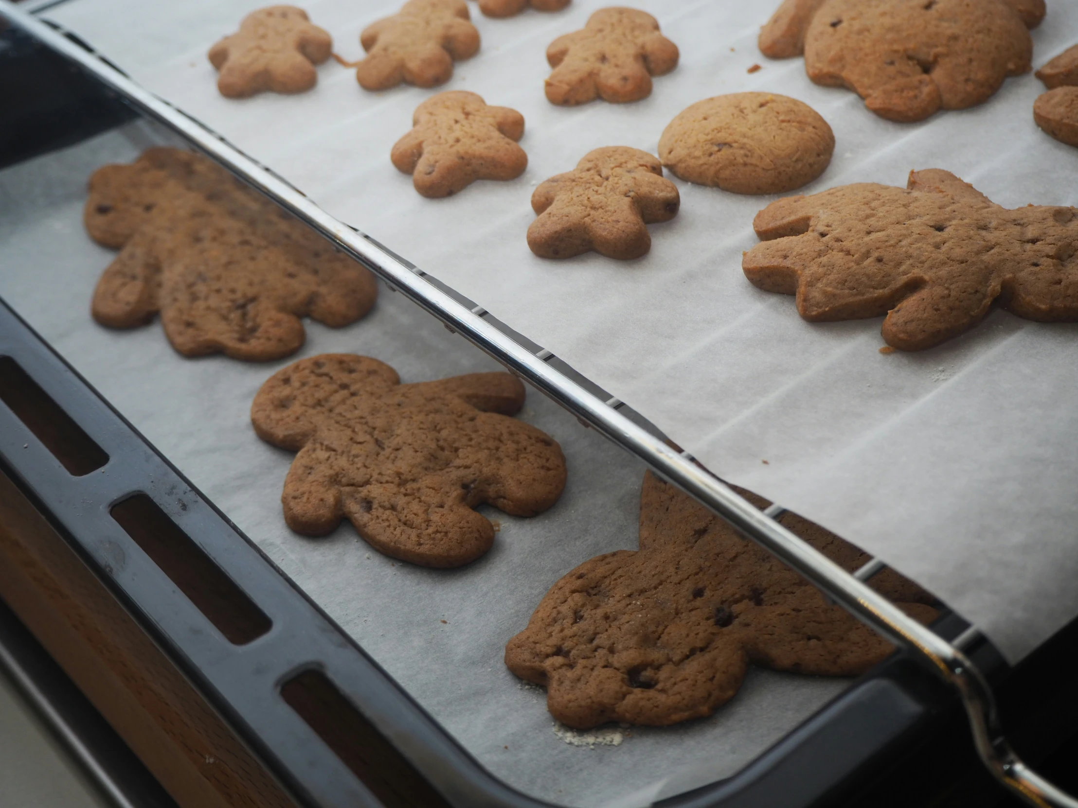 cookies in the shape of a bear and snowflakes lined up on a tray