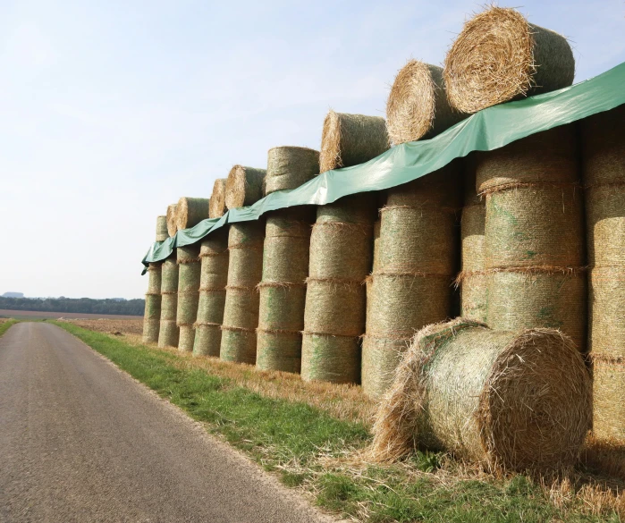 bales of hay in the country along a road