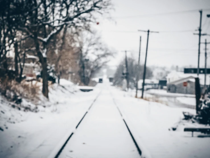 a snowy railroad track in the foreground with trees and a lot of snow on the ground