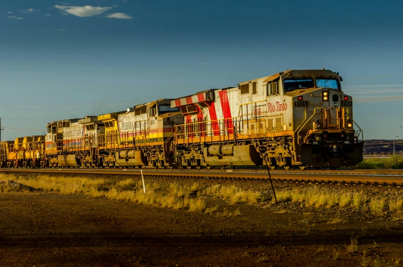 a train with many rail cars passing by a fence