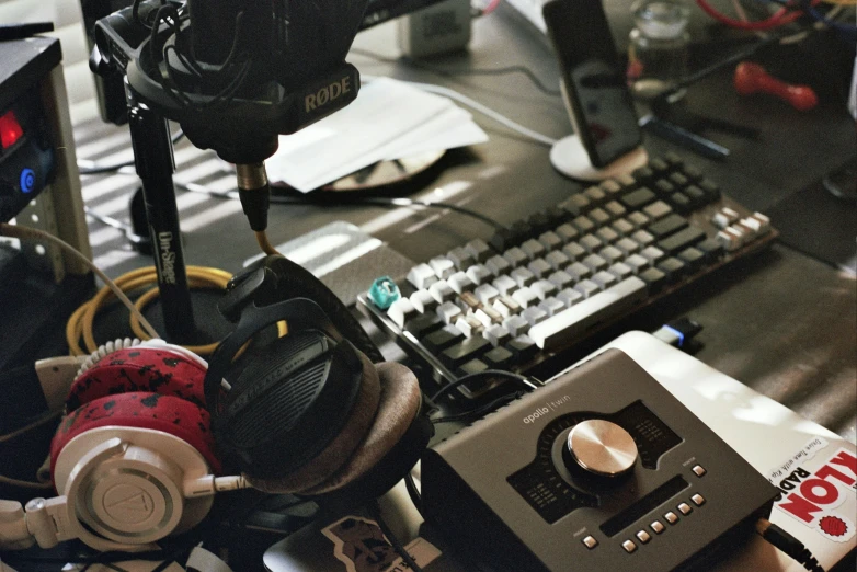 a radio with headphones attached to a microphone