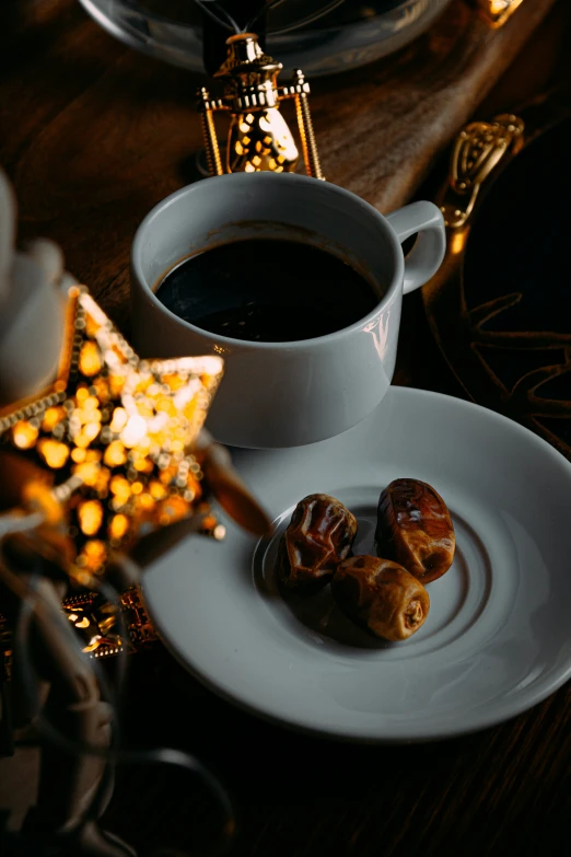 coffee and pastry served on white plate with christmas decoration