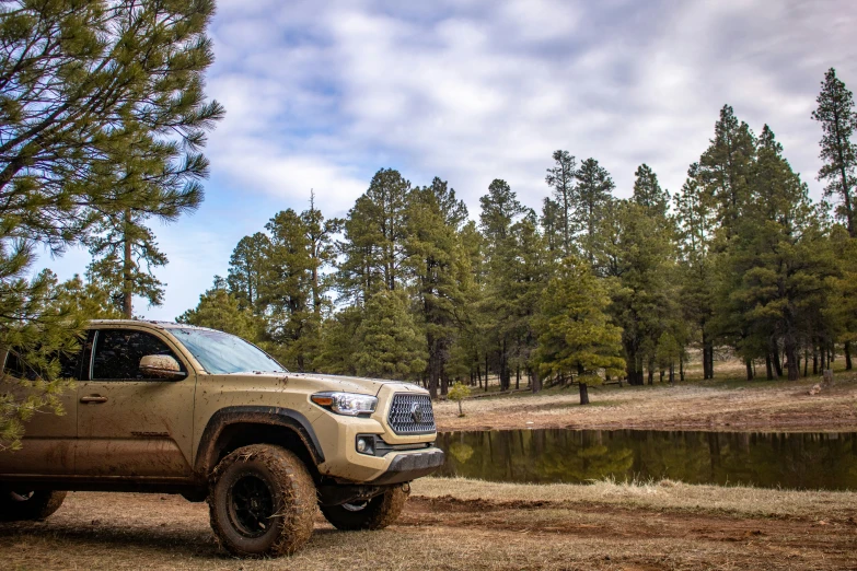 a pickup truck parked next to the water and trees