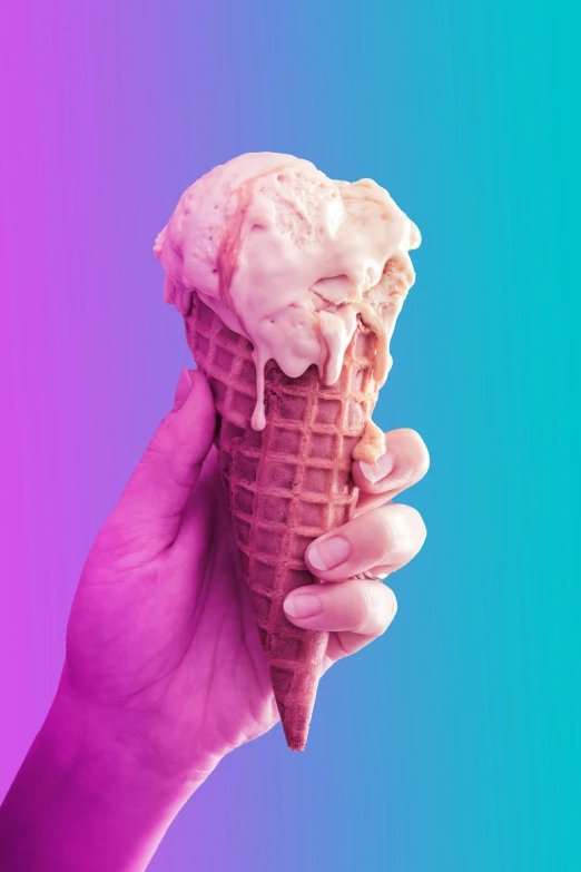 a hand holding up an ice cream cone on a purple and blue background