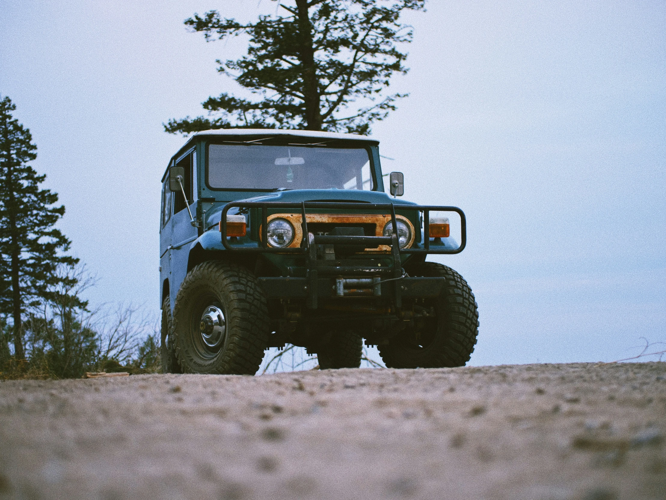 a blue and yellow truck is traveling through the woods