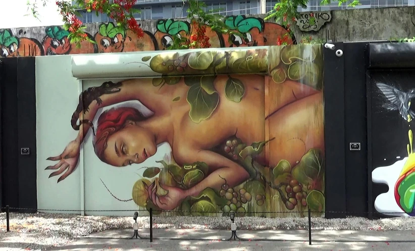 a mural in the middle of a wall painted with a girl and flower