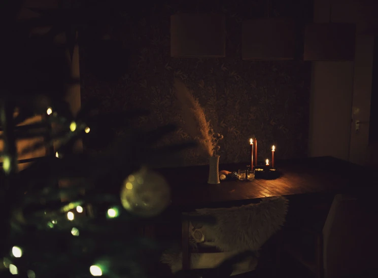 a lit candles in front of a tree