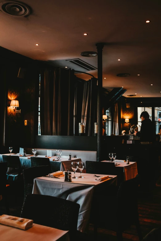 dark restaurant tables and chairs in a dimly lit room