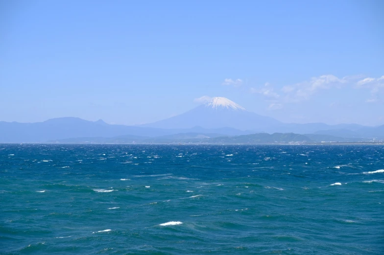 a large body of water near a mountain range