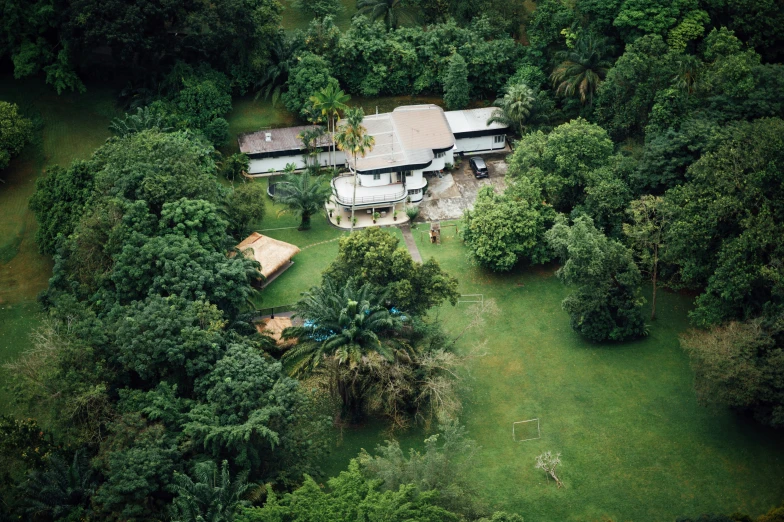 an aerial s shows many different structures and trees