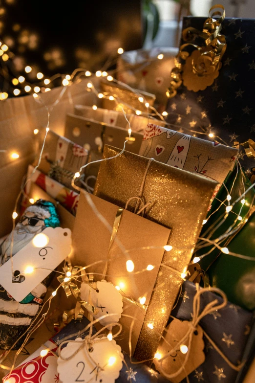 christmas presents are arranged on top of a table