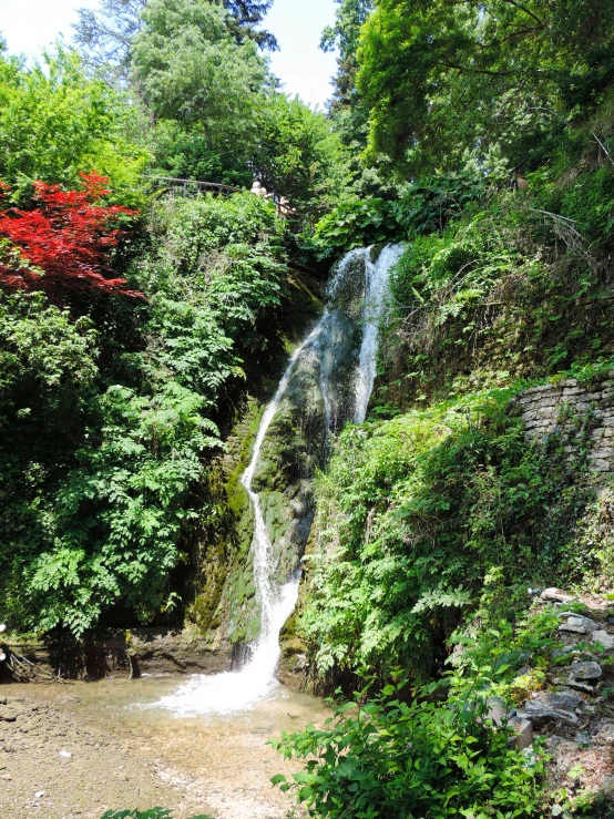 a small waterfall runs into the water surrounded by trees