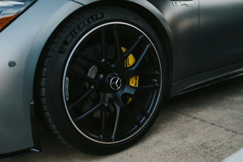 close up of tire rim on sports car parked