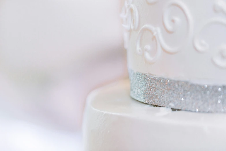 closeup of wedding ring on a white wedding cake