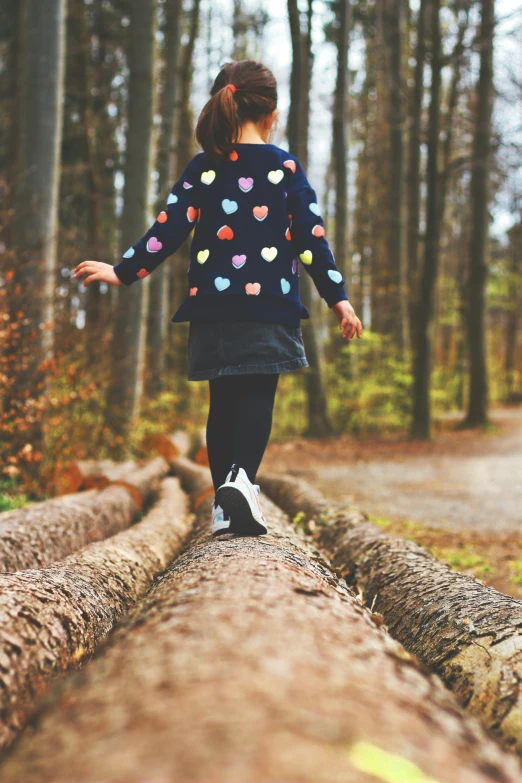 a little girl is walking across a path in the woods