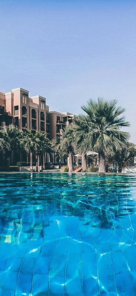 a building surrounded by palm trees on an over water pool