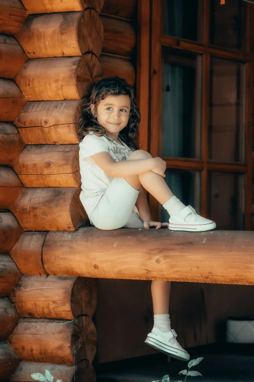 a  sitting on a log table wearing white shoes