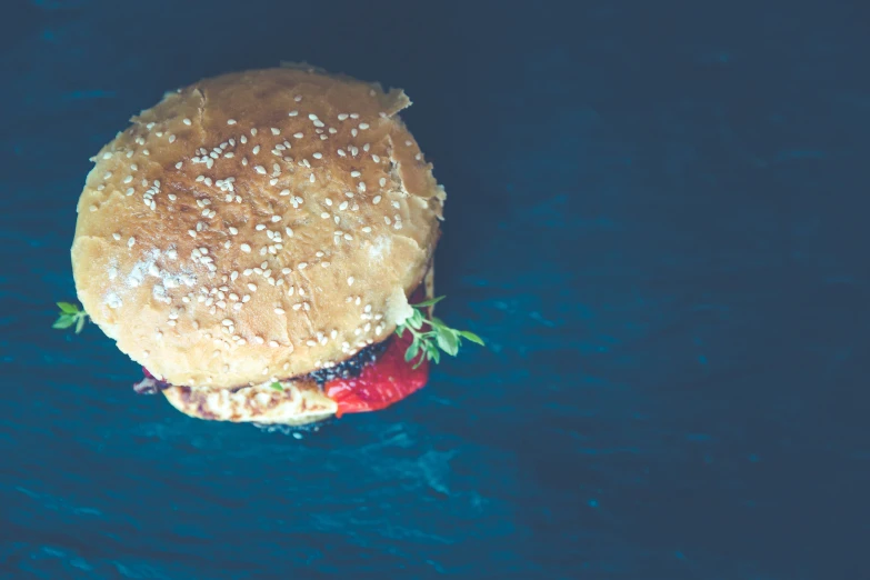 a hamburger with some red strawberries on it