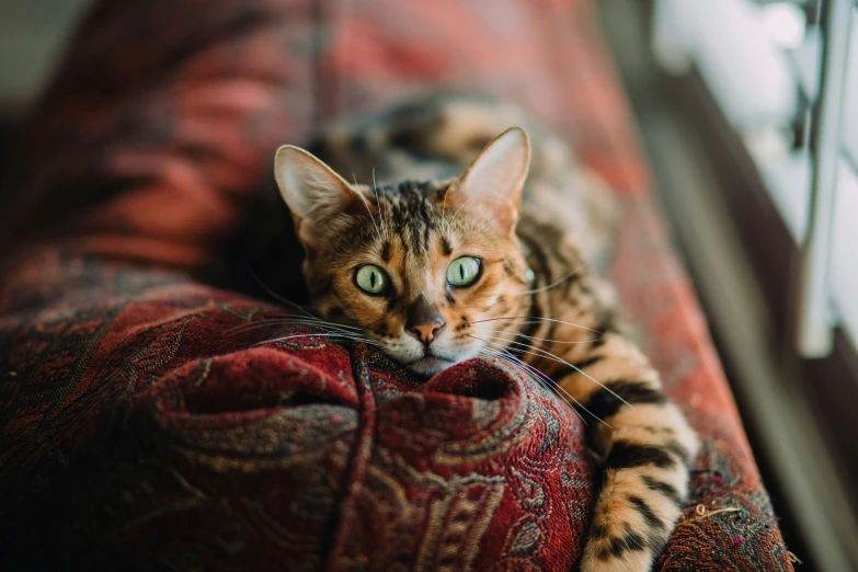 a cat laying on the sofa, looking around