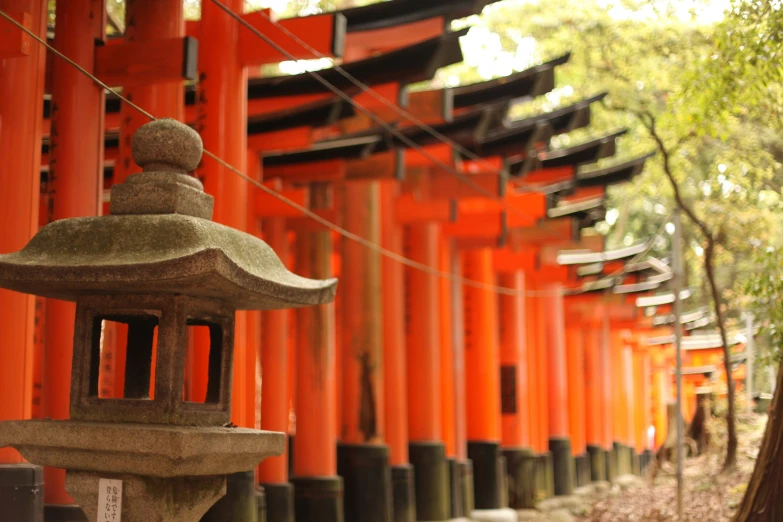 several orange walls are lined with small asian lanterns