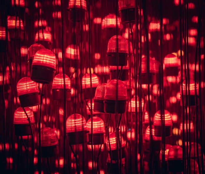 a large red room filled with lots of light