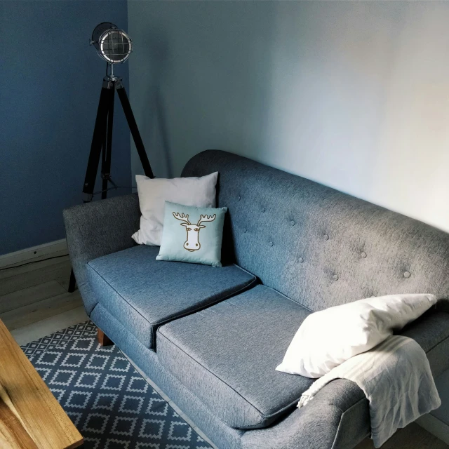 a gray couch is sitting against a wall