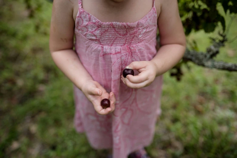 the small child in the pink dress holds some berries