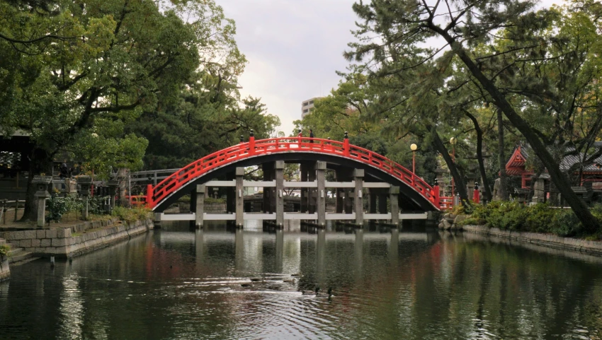 a small bridge over water with trees