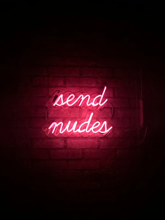 red neon sign saying, send minds with brick wall