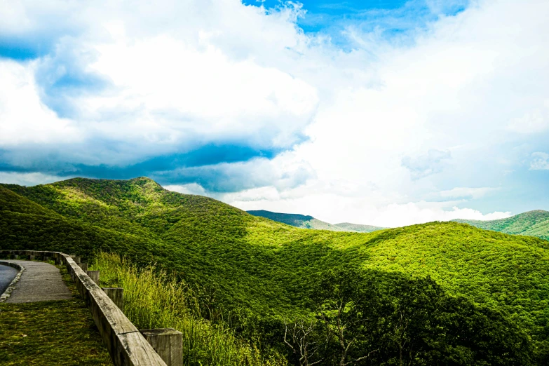 a road winding up the side of a lush green hillside