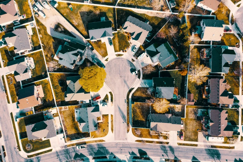 an overhead view of a suburban residential neighborhood