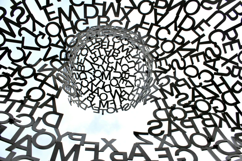 black and white pograph of a sphere with letters all over it