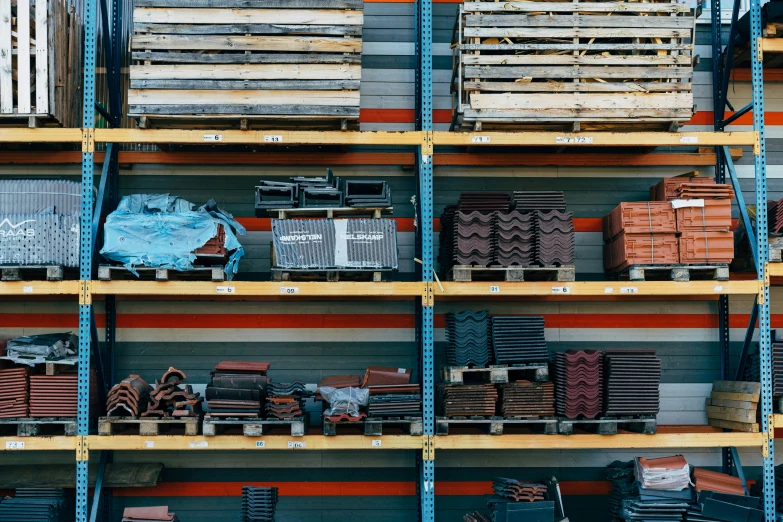 shelves with different types of building materials and stacks