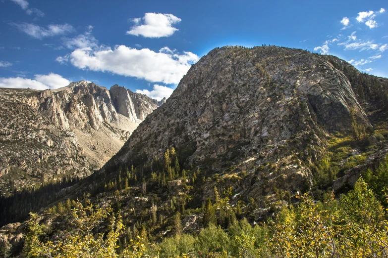 large, rocky mountain area in the background with shrubs and trees