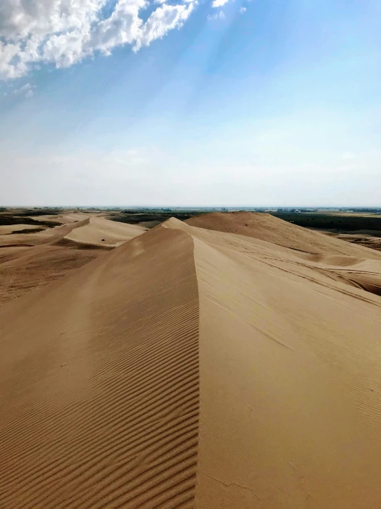 a couple of people riding bikes on top of a sandy dune