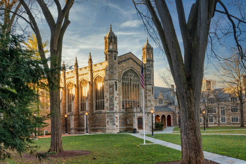 a church with tall towers is seen through the trees