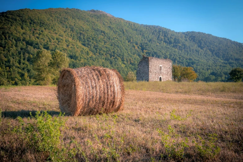 two bales of hay sit in the middle of a grassy field