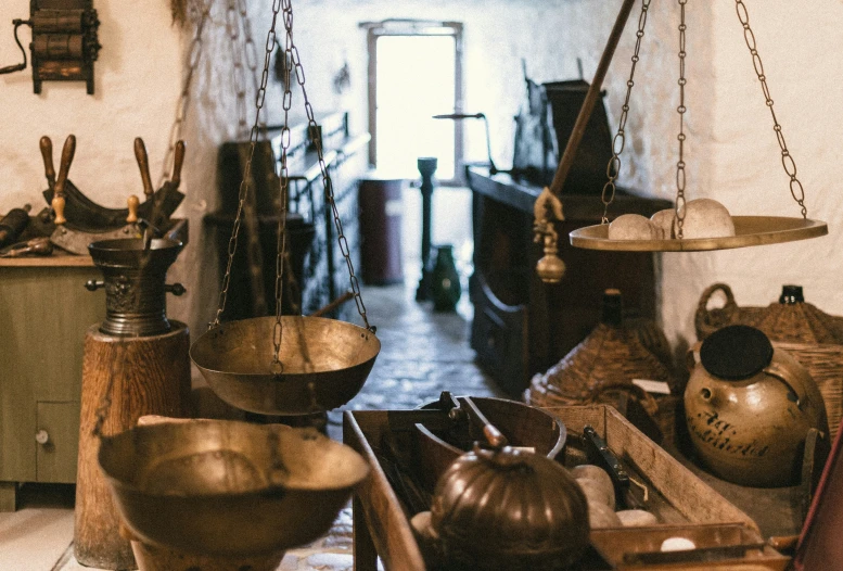 a bunch of objects sit on the floor next to a doorway