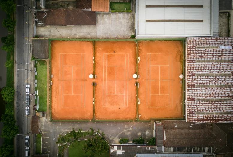 an aerial view shows a tennis court, tennis courts, and lots of buildings