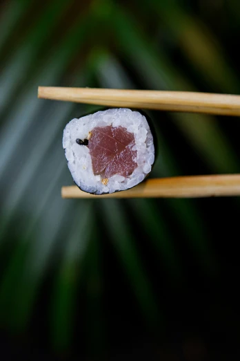 chopsticks are being held over an uncooked piece of sushi