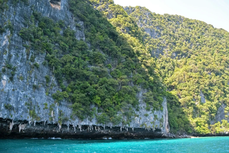 the water is turquoise with lots of trees on both sides of the cliff