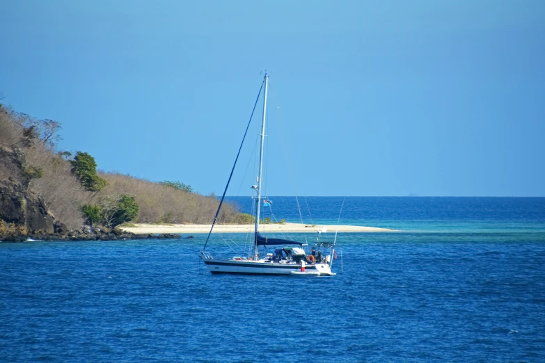 a sailboat in the water near a beach