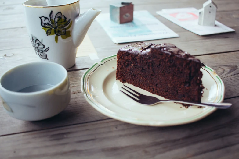 a plate with a piece of chocolate cake on it