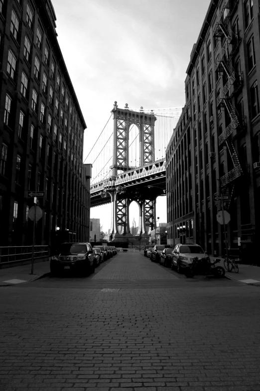 black and white pograph of a view of a large bridge