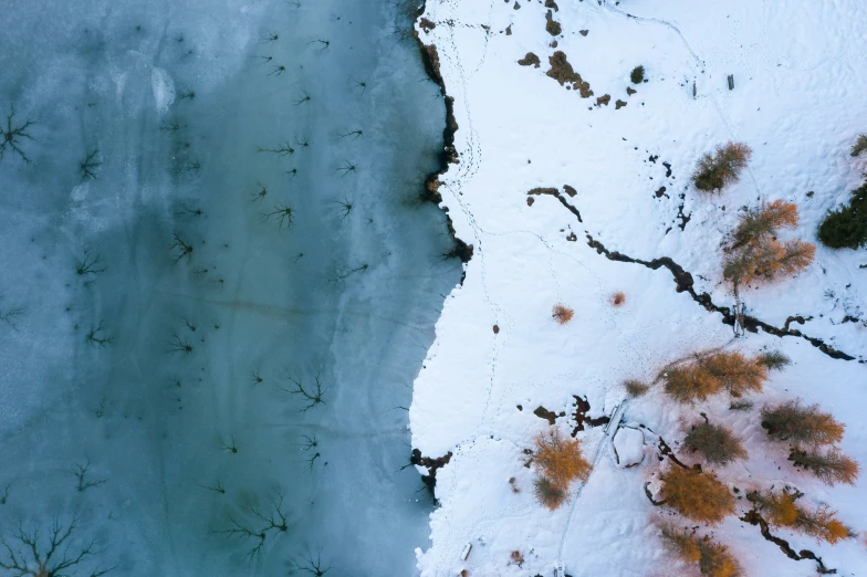 aerial pograph of an icy lake surrounded by trees