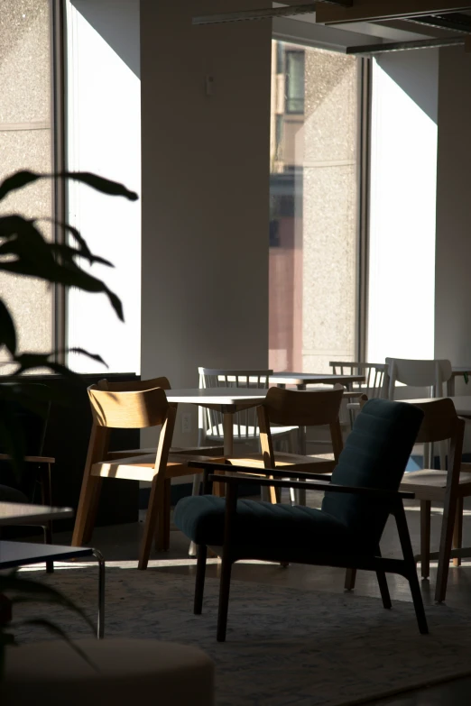 an empty room with several chairs, a table and some plants