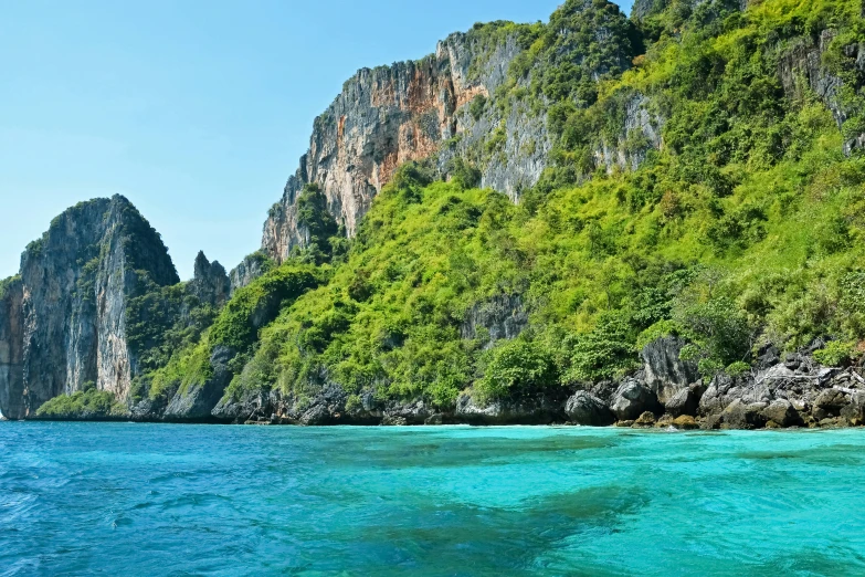 a scenic view of the ocean and a mountain covered mountain